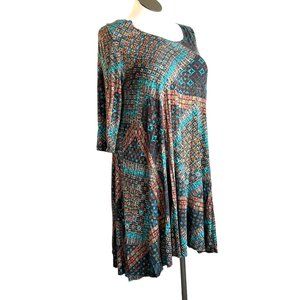 Karen Kane Size L Dress Tile Print Stretch Jersey Hi Lo Pullover Knee Length